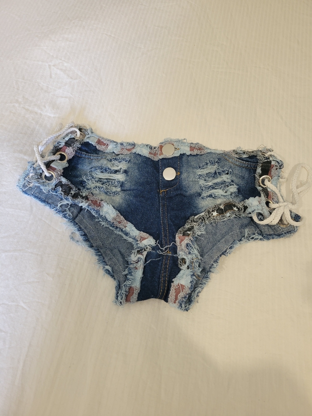 Distressed Denim Lace-Up Shortie Bikini Bottoms - Blue